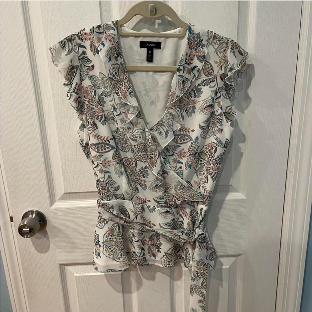 NWOT Aqua Women's Ruffled Floral Wrap Blouse - White and Pink